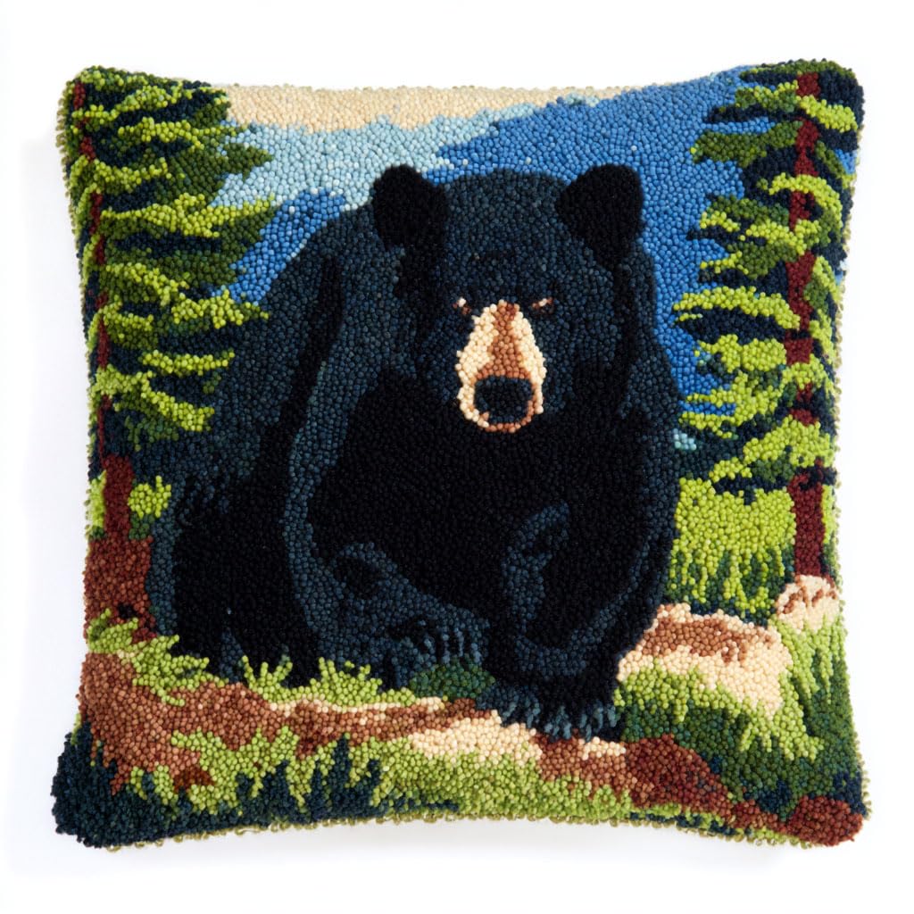 Henypt Latch Hook Kits Animal Black Bear Pillow DIY Rug Crochet Hook Cushion Making Kit Preprinted Pattern Canvas DIY Handmade Rug Pillow Hooking Kits 43x43cm