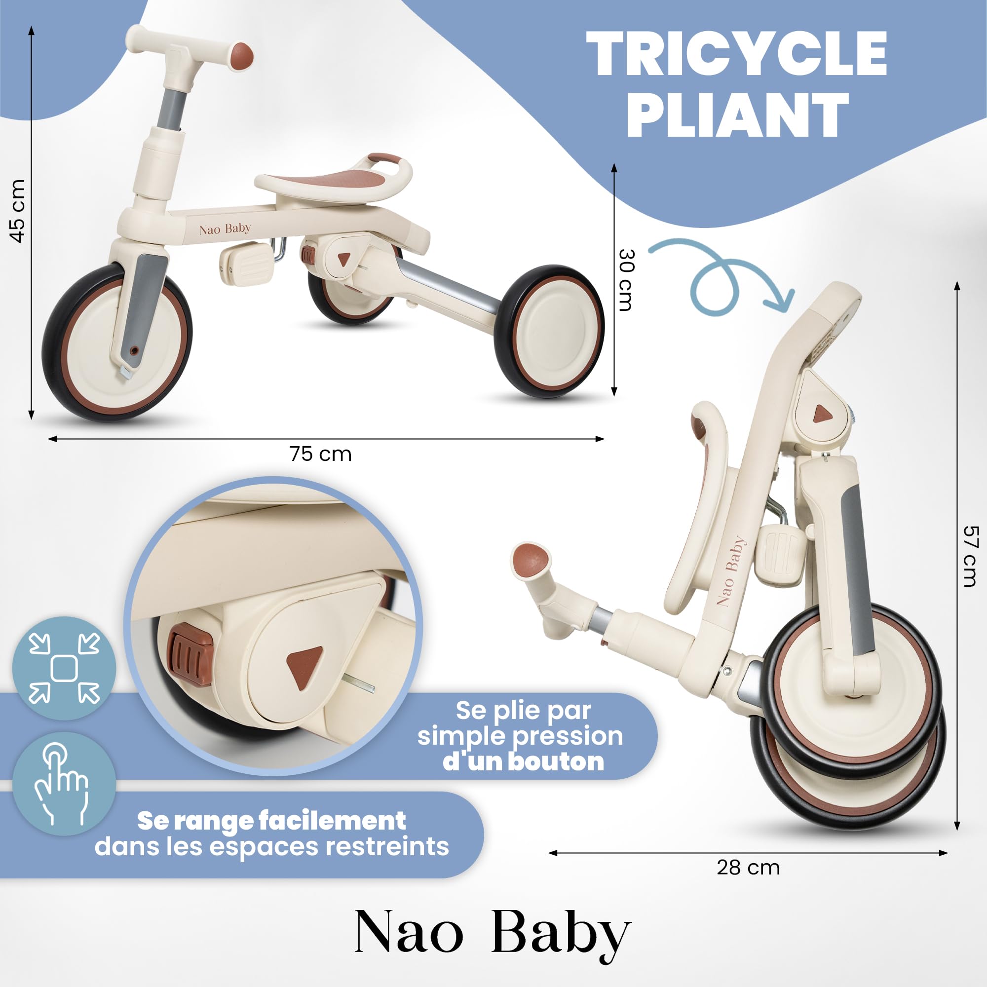 Tricycle Bébé Évolutif Pliable et Réglable pour Enfants (1–5 Ans) avec Barre Parentale – Tricycle, Draisienne Évolutive et Vélo Bébé, Confortable et Compact (Senza Capote)