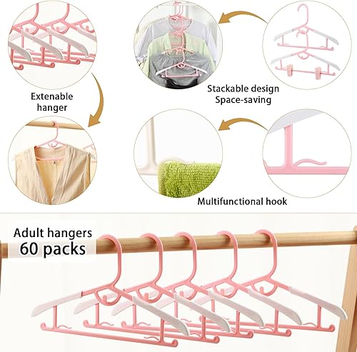 Miniatura 2 de 60 perchas para niños con clips, perchas ajustables rosas para ropa antideslizantes para niños, perchas para niños, perchas extensibles con gancho,