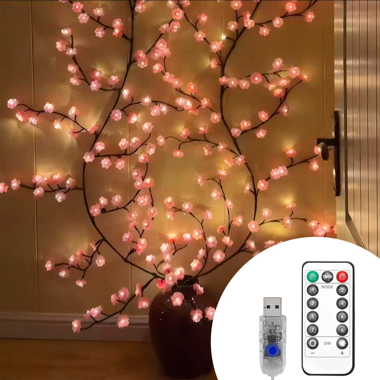 Światła Wiśniowe, Gałązki Dekoracyjne Wiśniowe na Ścianę, 144 diody LED, zasilane przez USB, wici z mikrowłóknem, światła z pilotem, 8 trybów, do sypialni, dekoracja ślubna, japońska dekoracja