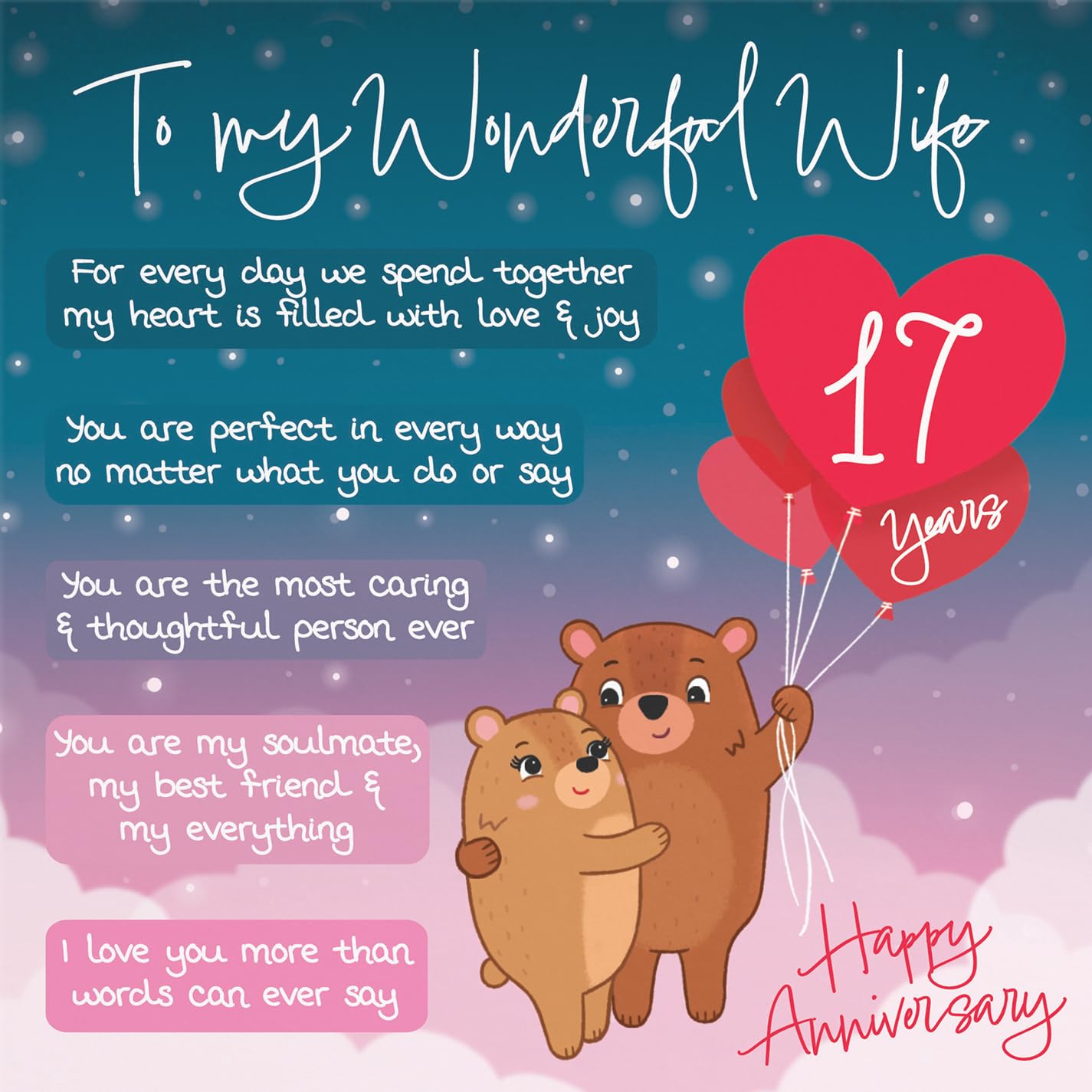 Hunts England - 17th Anniversary Card for Wife - Starry Night, Cute Bears, Romantic Poem, 17th Wife, Standard (148 x 148 mm) - Image 2