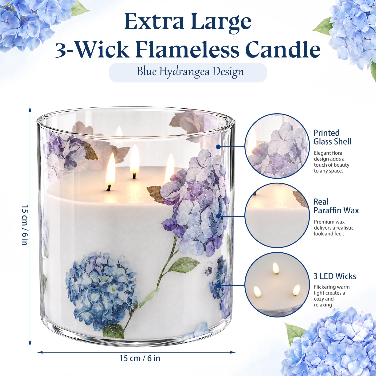 Gerrii Vela grande de cristal de hortensia sin llama con 3 mechas de 15 x 15 cm, vela de cristal con estampado floral de hortensias azules con temporizador remoto, velas LED parpadeantes de cera real