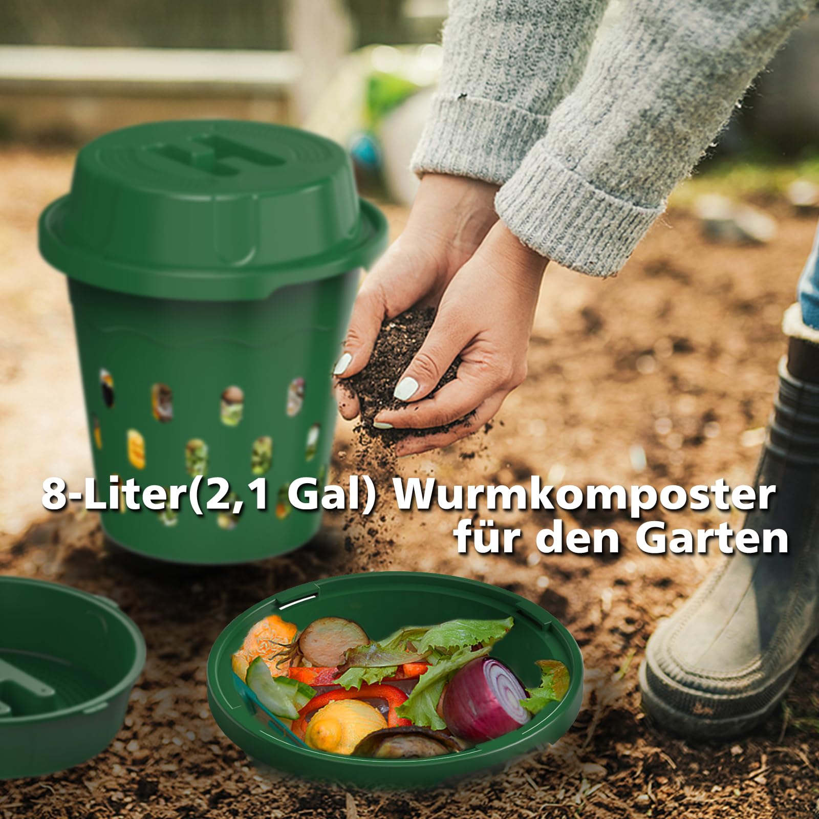 Unterirdischer Wurmkomposter, 2er-Pack 8L Beetkomposter zum Eingraben, für Garten & Hochbeet, kompostiert Küchenabfälle, Einsteiger, Grün (24x24x27,5 cm)