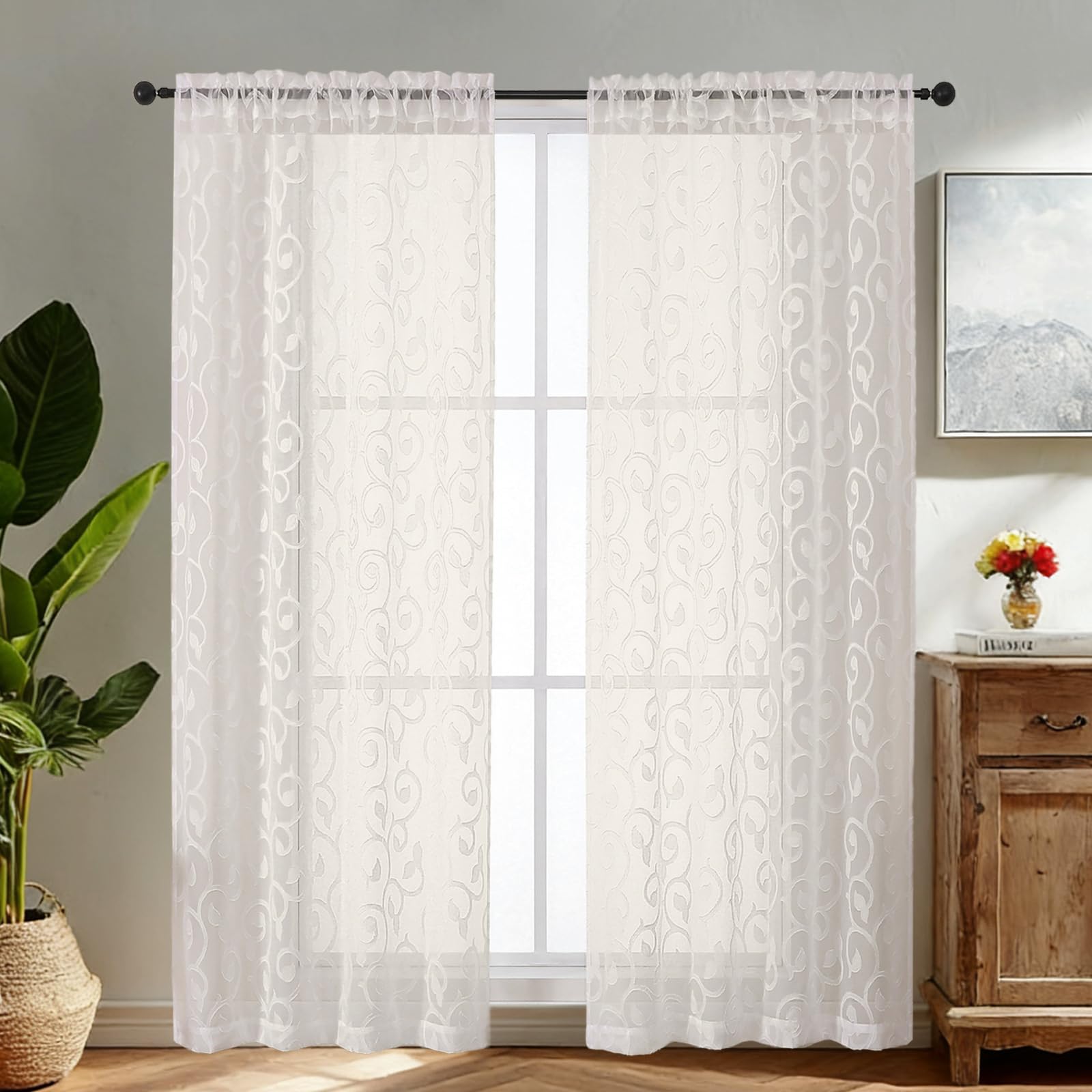 Simplebrand Ivory Sheer Voile Curtains with Embroidered Pattern, 2 Panels 140x183cm, Rod Pocket Light Filtering Window Curtains