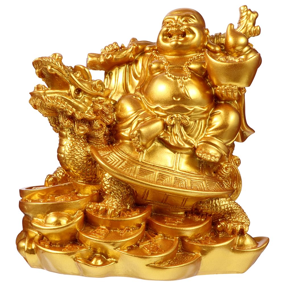 IMIKEYA Golden Laughing Buddha Statue Feng Shui Buddha On Dragon Turtle Ornaments Resin Maitreya Figurine for Wealth And Good Luck New Year Home Office Decoration