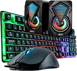 Kit Teclado Semi Mecanico Abnt2 LED RGB + Mouse 1600DPI Led Azul + Caixa de Som 6W RMS Led RGB - Ideal para PCs, Notebooks, Smartphones, SmarTV e Consoles