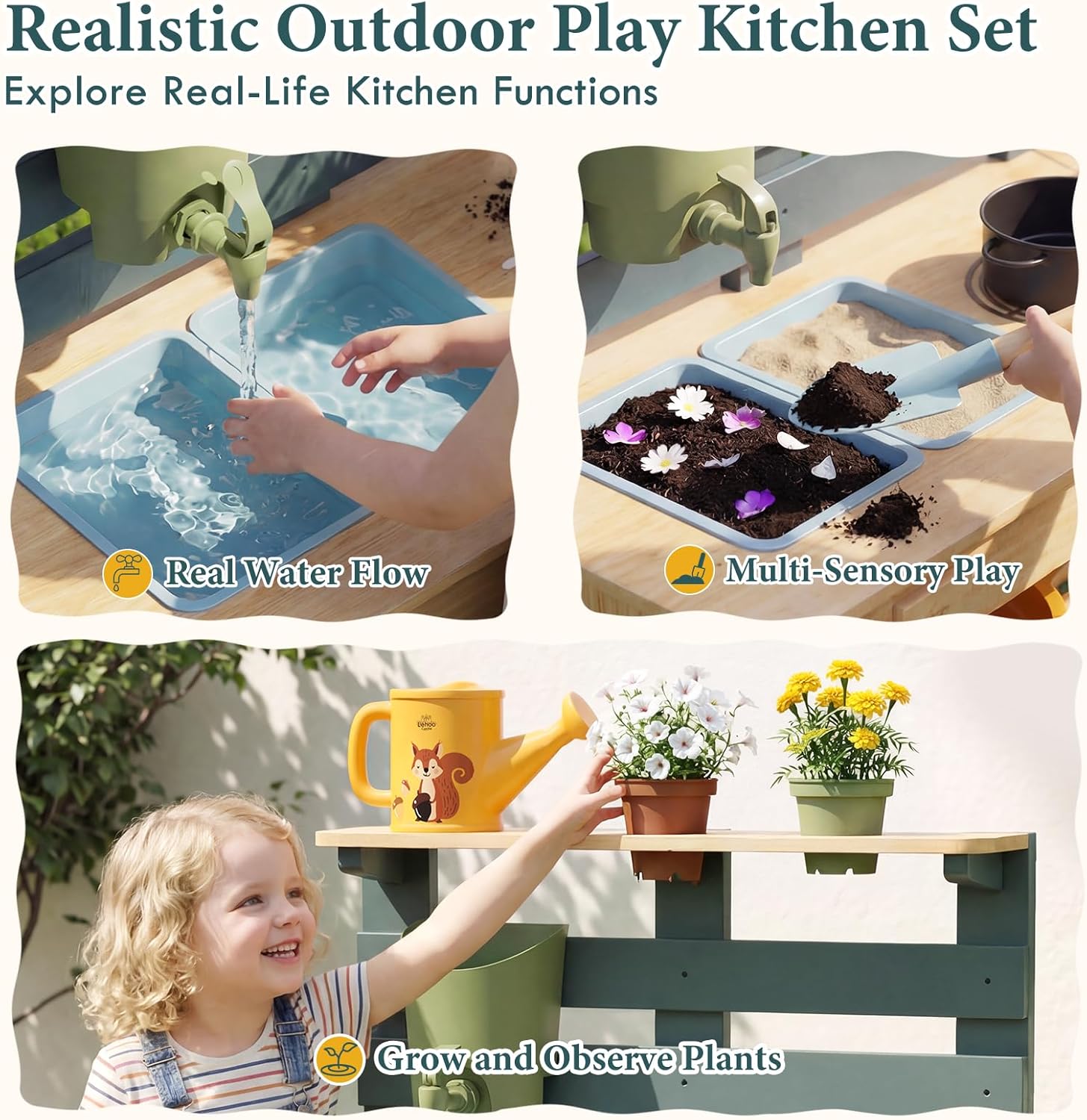 Lehoo Castle Mud Kitchen for Kids Outdoor, Wooden Play Kitchen with Real Faucet Sink, Pretend Play Kitchen Playset for Sensory Fun, Water, Cooking & Planting Toy for Toddler Boys Girls Ages 3+