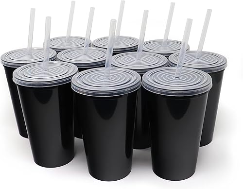 Rolling Sands Vasos de plástico reutilizables de 22 onzas con tapas, paquete de 10 vasos negros fabricados en Estados Unidos incluye 10 popotes