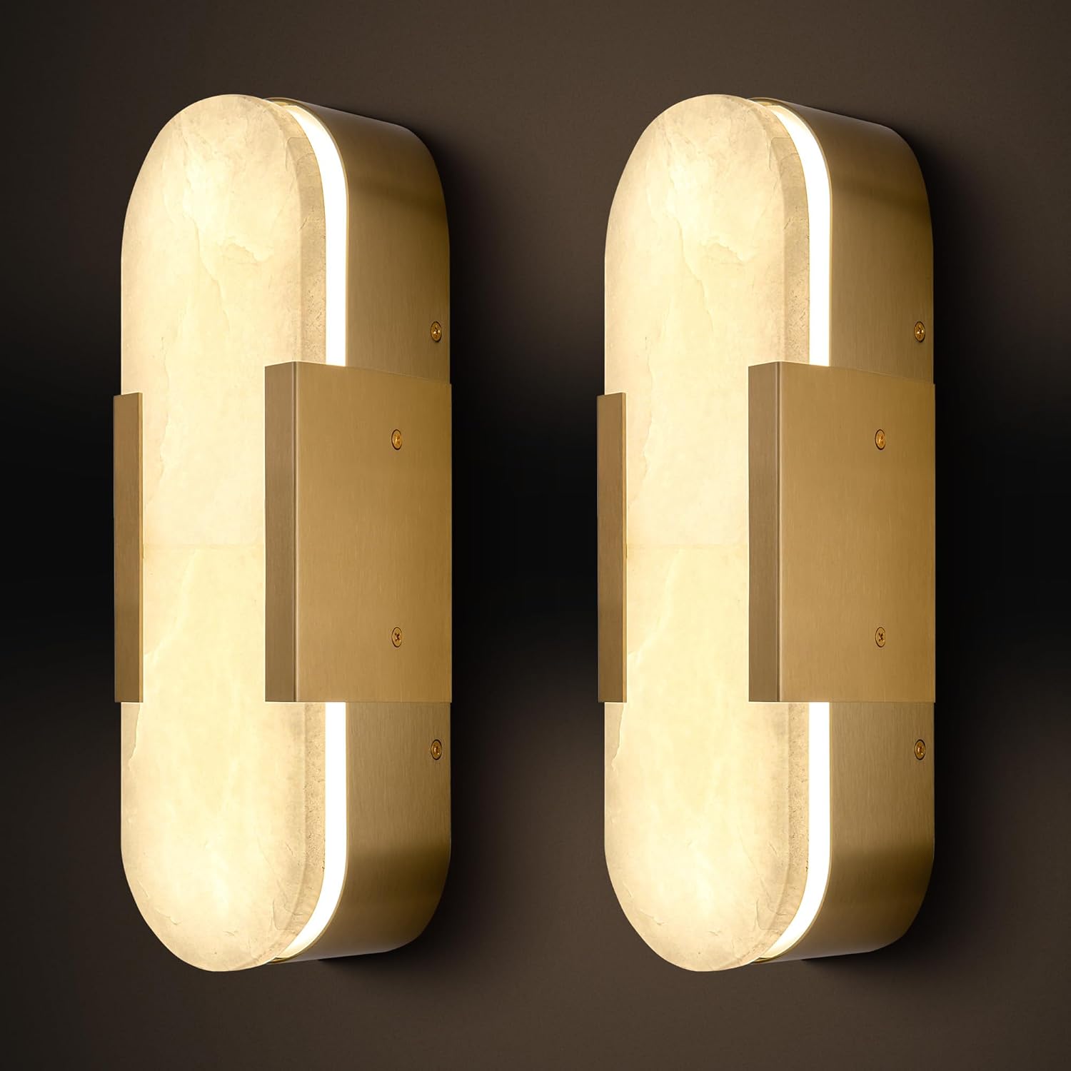 13.8'' Brass Wall Sconces Set of 2, Natural Alabaster Wall Light, Indoor Vanity Light Fixtures Alabaster Sconces for Bathroom, Gold Wall Lamp for Hallway, Living Room, Bedroom, Stairs(Gift LED)