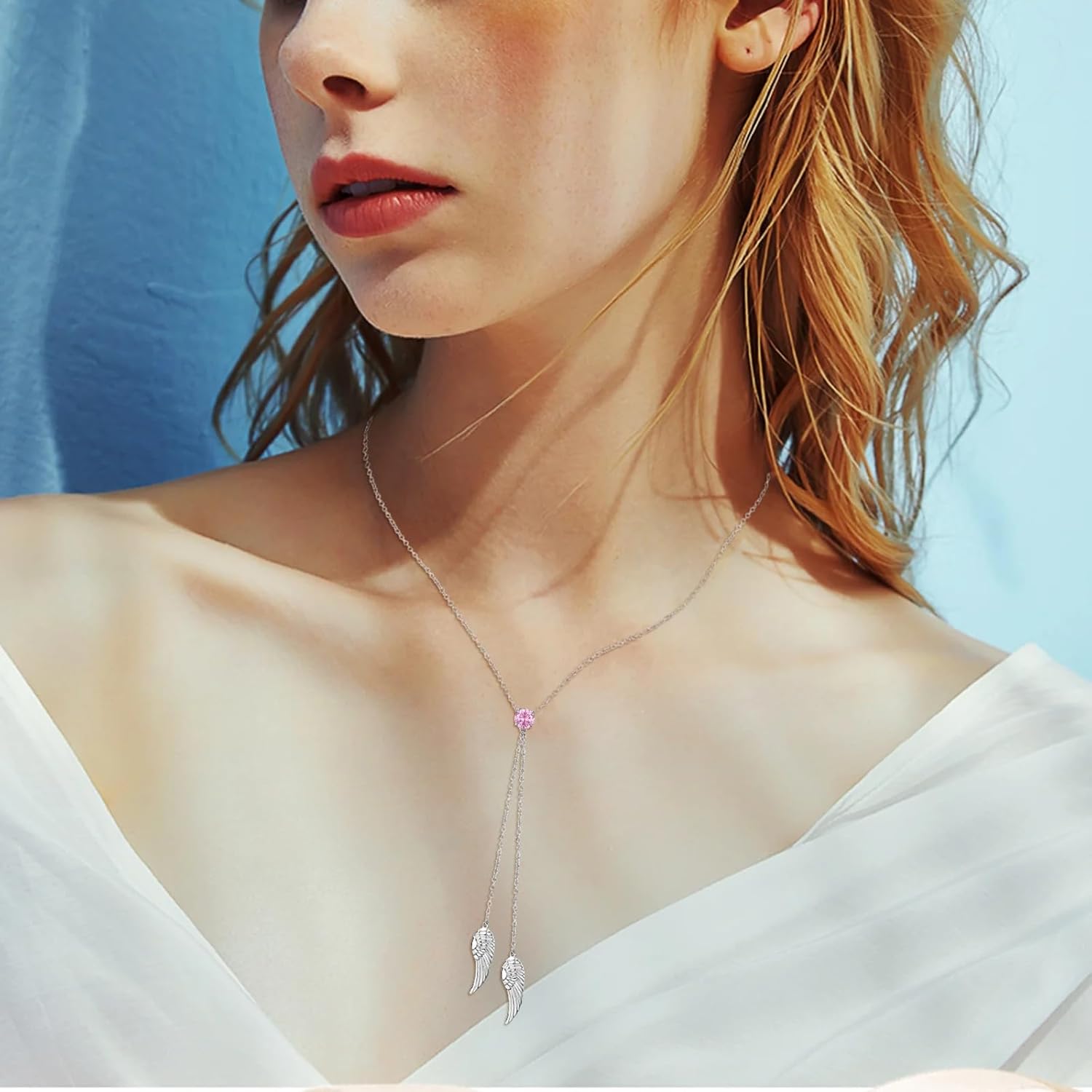 925 Sterling Silver Angel Wing Necklaces for Women Zirconia Guardian Birthstone Necklace Jewelry Angel Wing Tassel Pendant Y Necklace Jewelry Gifts for Women Girls Mom Daughter
