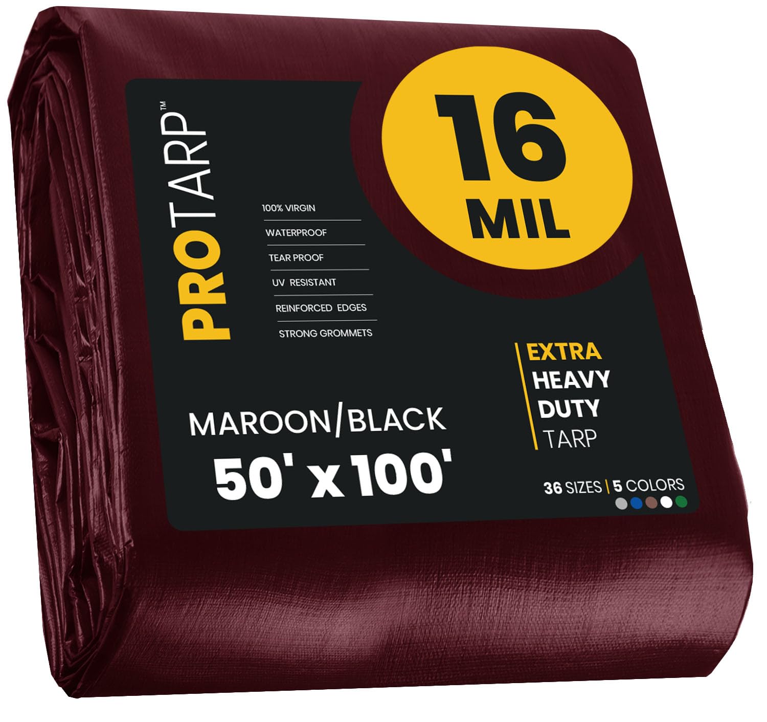 Extra Heavy Duty 16 Mil Tarp Cover, Waterproof, UV Resistant, Rip and Tear Proof, Poly Tarpaulin with Reinforced Edges for Roof, Camping, Patio, Pool, Boat. (Maroon/Black 50′ X 100′)