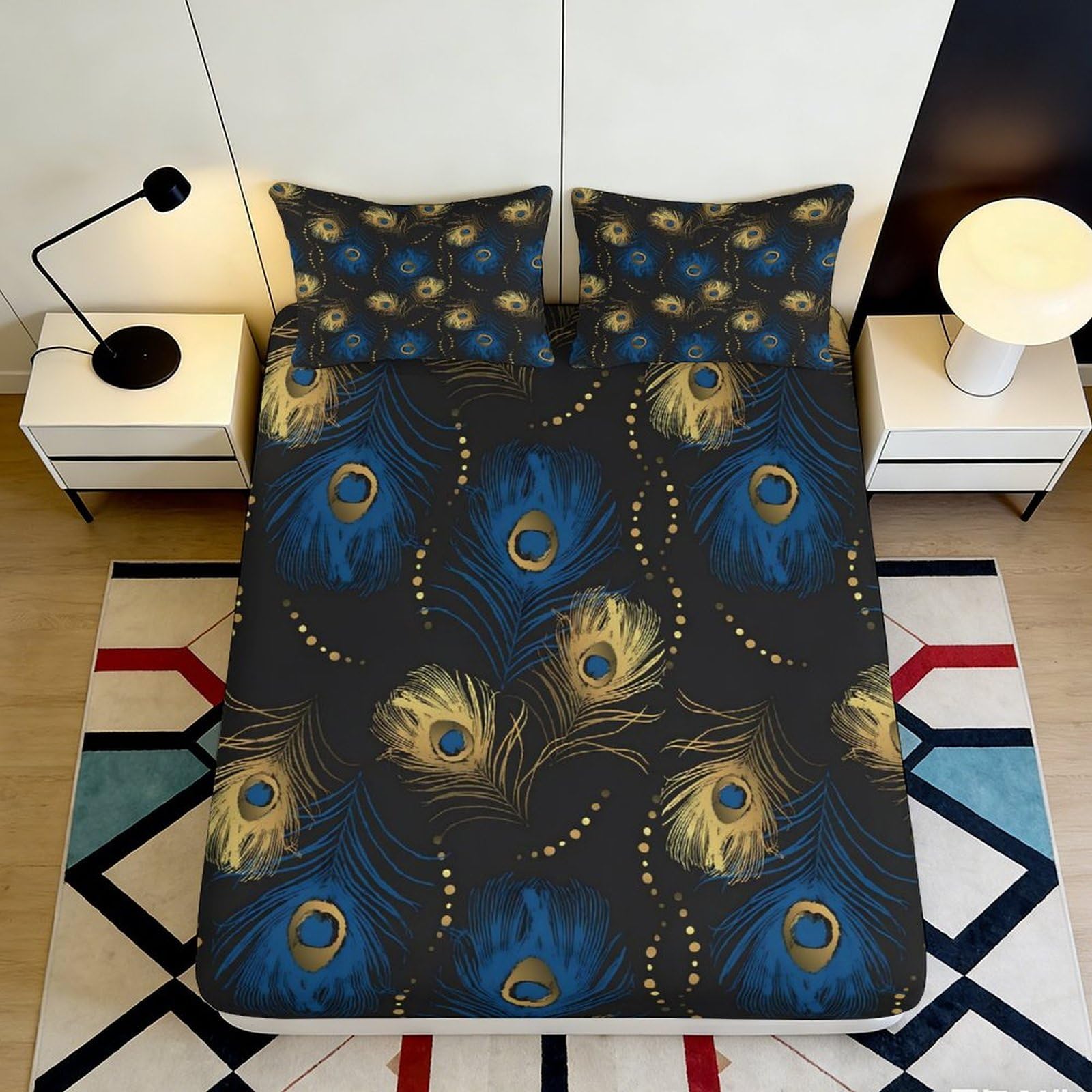 3D Printed Peacock Feather Fitted Sheet Microfiber Soft Breathable Golden Blue Mattress Cover for Bedroom Dorm Decor 90x200x25cm