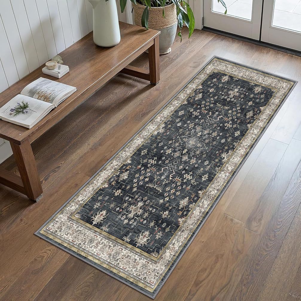Tappeto Passatoia Antiscivolo 4.5 Metri, Tappeto da cucina lavabile, Tappeto Corridoio Interno Lungo per Ingresso Cucina Camera da Letto Casa，120 x 450 cm,Grigio，Motivo Floreale Boho