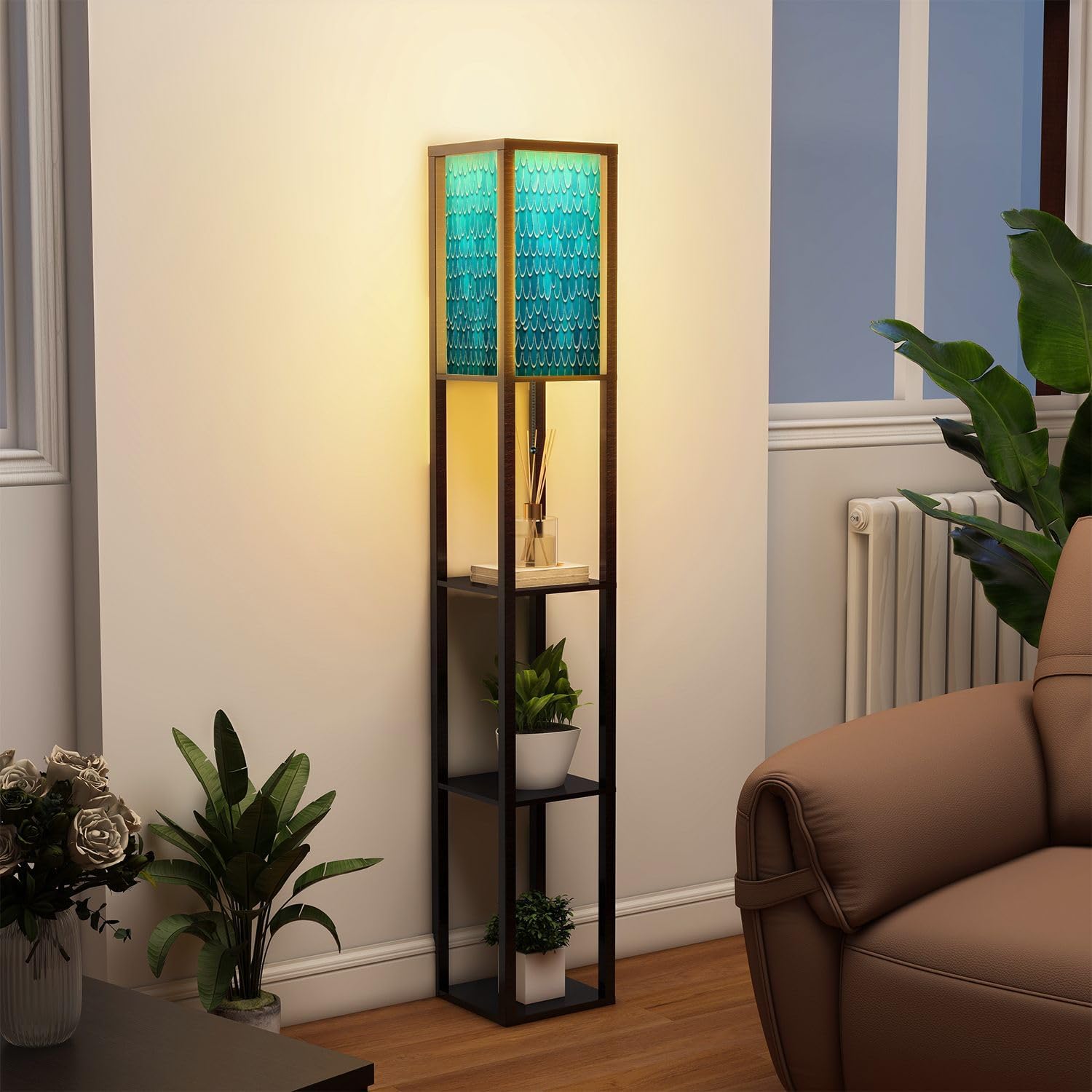 Standing Lamp with Shelves Tall Scale Trendy Gradient Backdrop Scale Ornament Bright Color Underwater Modern Wood Corner Lamp for Bedroom Living Room Office Floor Lamp Mid Century Room Decor