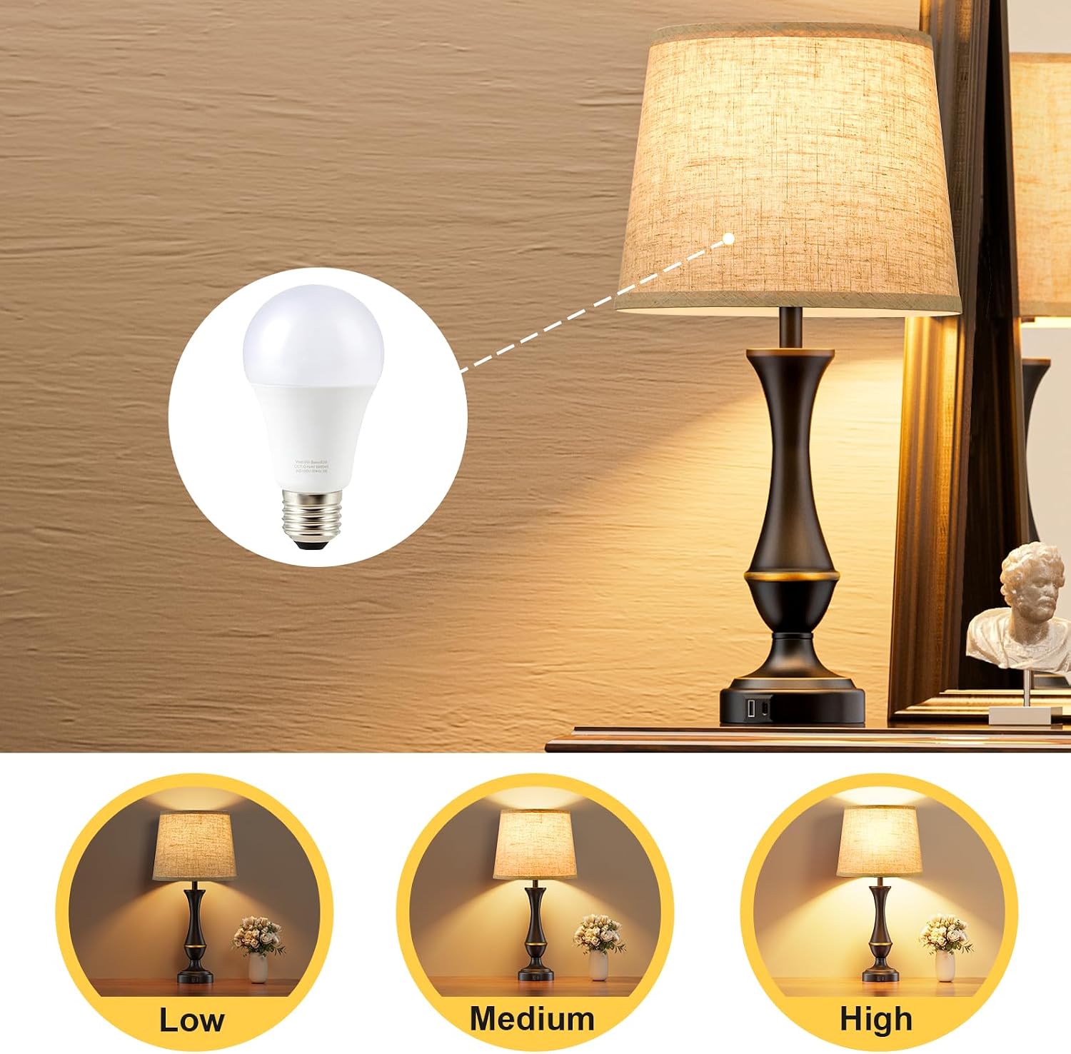 Seealle A60 Led Bulb, 3-Way Dimmable A60 LED Bulb, Natural White 3000K, E26 Base, AC 120V, 8W LED Lights Bulbs for Table Lamp, 1 Pack