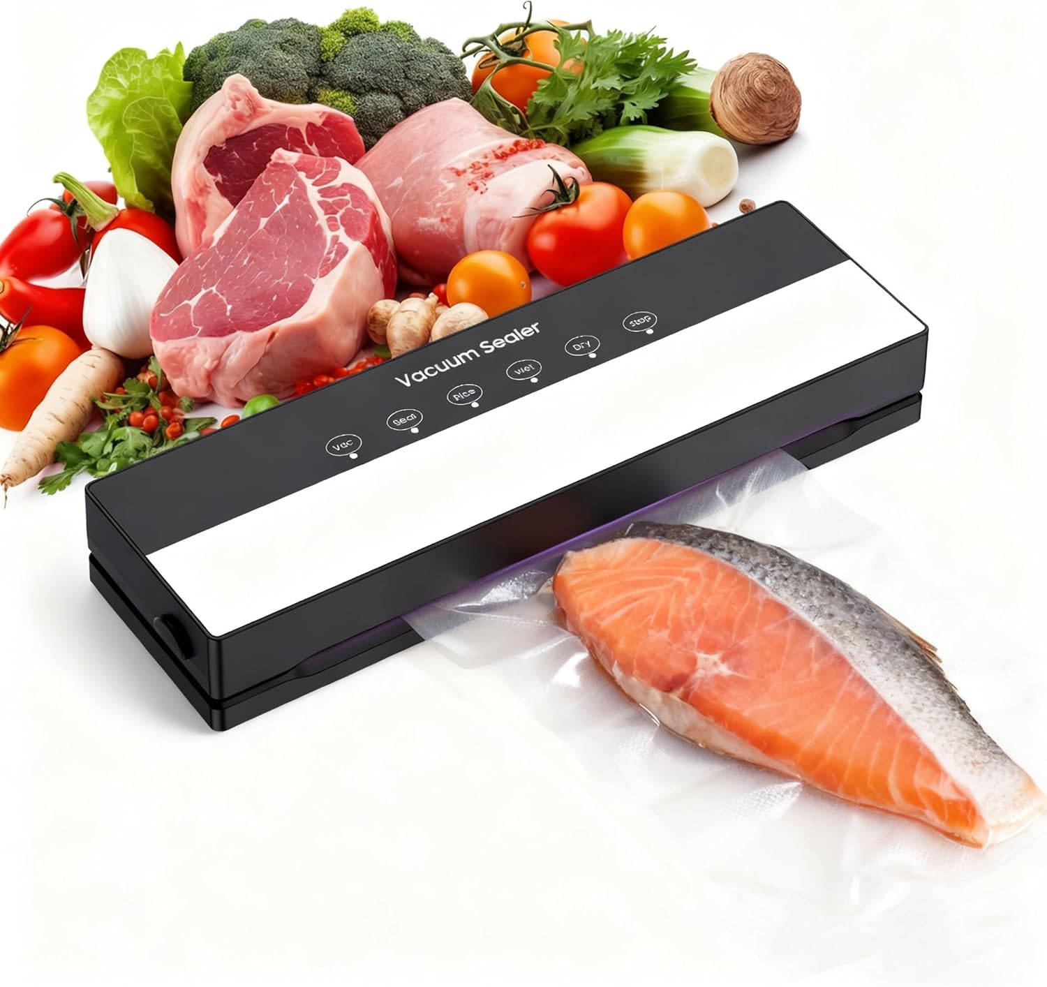 Macchina Sottovuoto,Potente 90Kpa Precisione 5 in 1 Sistema di Conservazione degli Alimenti Sottovuoto, Include sacchetto per il vuoto, Modalità a Secco e Umido Nero (Black, 10 vacuum bags)