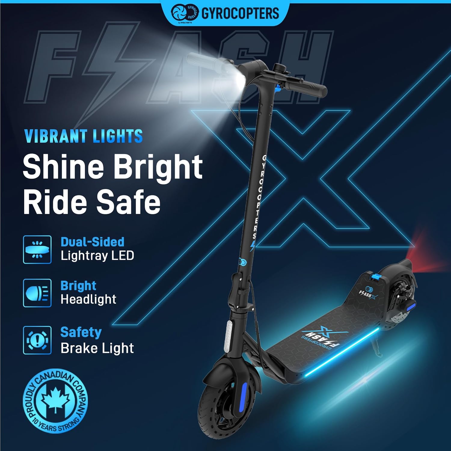 Gyrocopters FlashX scooter with vibrant lights, showing dual-sided Lightray LED, bright headlight, and safety brake light.