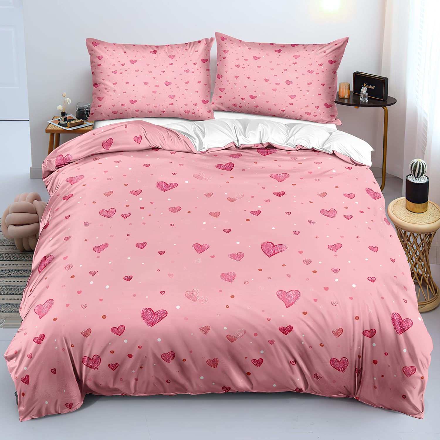 Cadeau Saint-Valentin housse de couette rose à cœurs motif mignon
