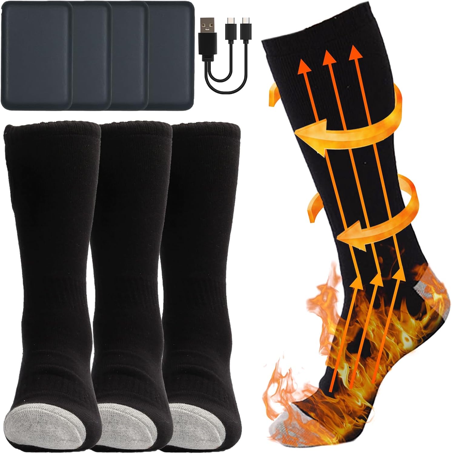 Pack of 2 Heated Winter Socks for Men & Women – 188g Thick Thermal Socks, 4×4000mAh Rechargeable Batteries, 3 Heat Levels, for Hunting, Camping, Hiking, Fishing, Outdoor Work & Winter Sports