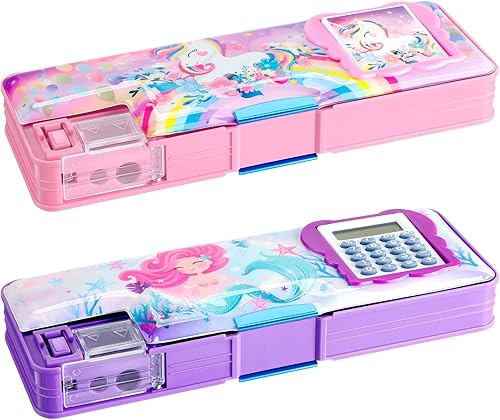 Caja de lápices multifuncional de 2 piezas para niñas, estuche de lápices multifunción de unicornio de plástico con calculadora y sacapuntas, bolsa