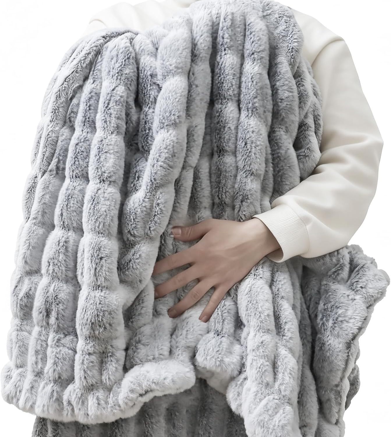 IFNOW Double Sided Ruched Faux Rabbit Fur Throw Blanket for Couch, Ultra Soft Fluffy Mink Blanket, Plush Cozy Home Decor Throw Gifts for Women & Men, 50"x60", Marble