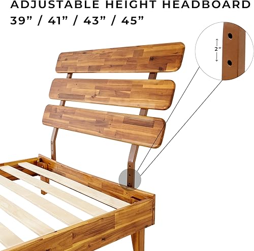Miniatura 4 de Bme Caden - Base de cama de 15 pulgadas con cabecera ajustable, estilo retro de mediados de siglo, con madera de acacia, no necesita somier, 12