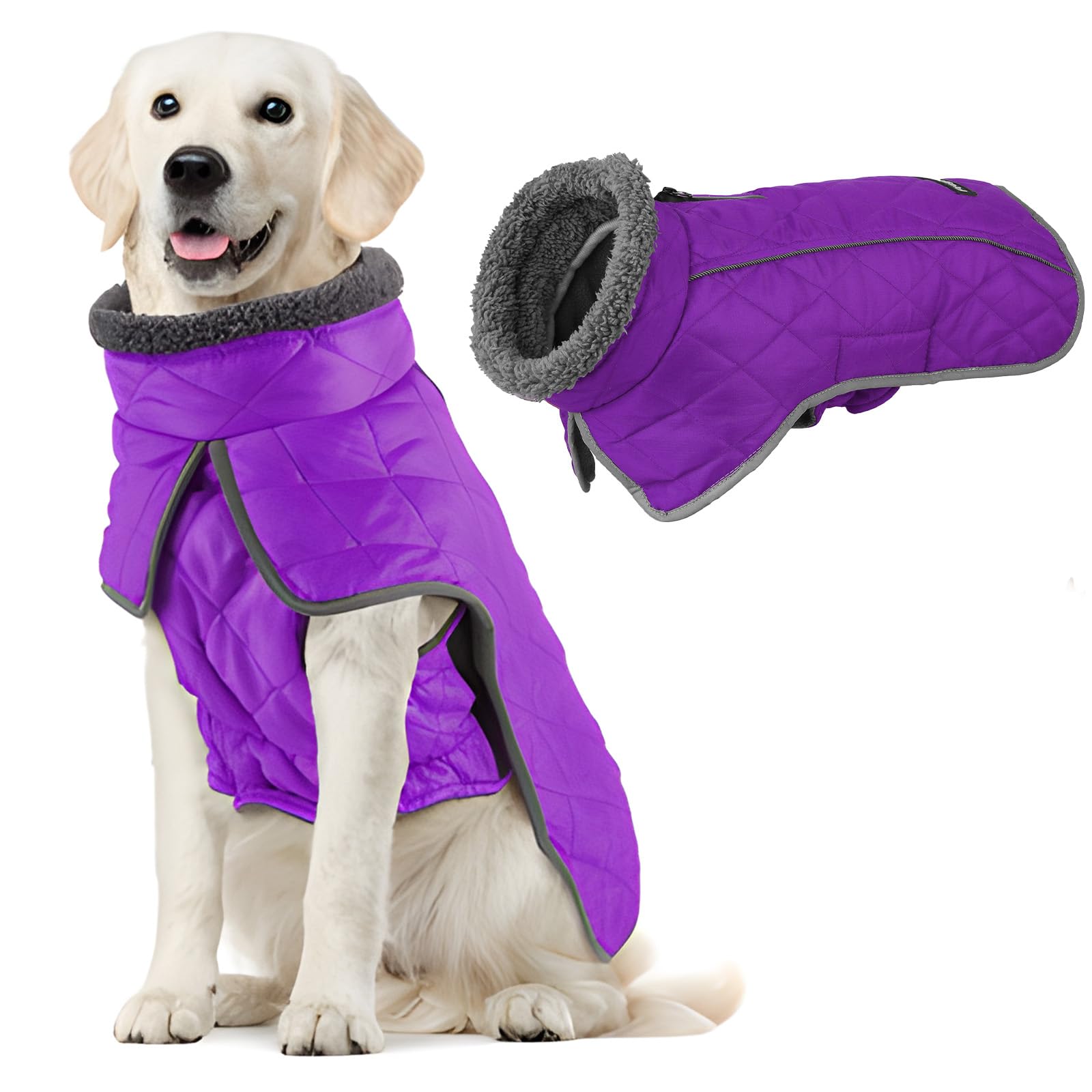 Fragralley Dog Coat Large, Waterproof Dog Jacket with Warm Fleece Lining, Adjustable Reflective Dogs Winter Coat, Turtleneck Pet Coats for Cold Weather (Purple XXL)
