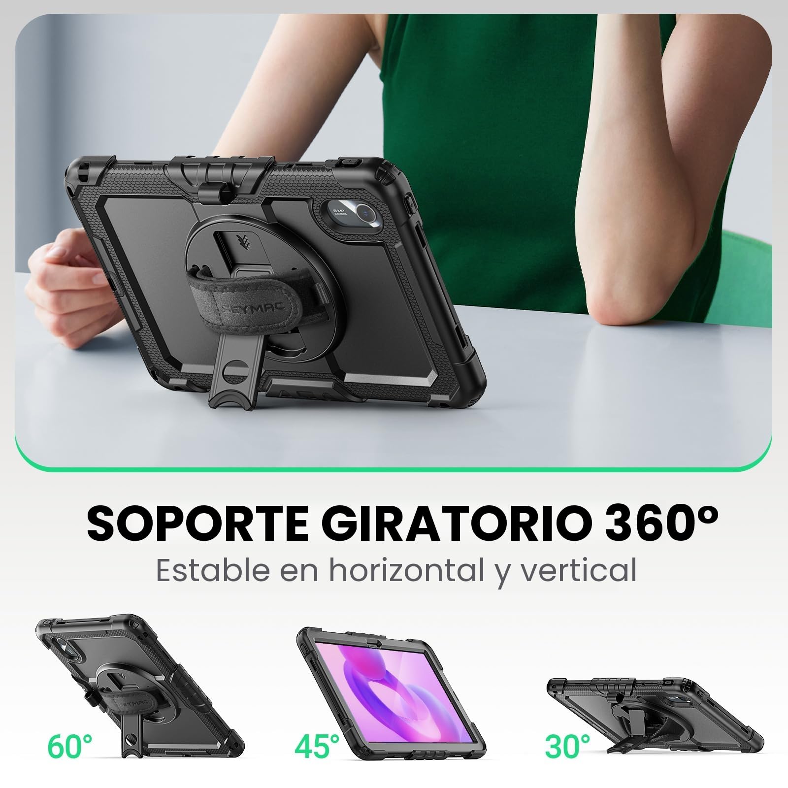 SEYMAC Funda para Lenovo Idea Tab 11 Pulgadas 2025/Tab M11/Tab K11 Gen 2, Funda para Tablet M11 a Prueba de Golpes con Protector de Pantalla, Soporte Giratorio de 360°, Correa para el Hombro, Negro