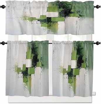 3 Piece Abstract Watercolor Kitchen Curtain Valance and Tiers Set Black Green Urban Minimalist Rod Pocket Tier Curtain 24 Inch Small Window Drapes for Living Room Bedroom Cafe Home Decor
