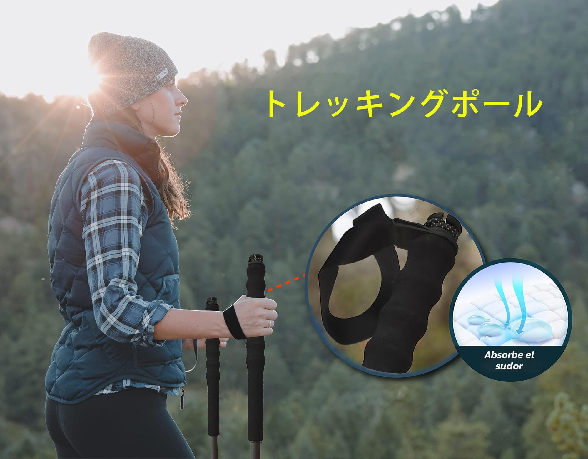 OKHEALING - Bastones de senderismo ultraligeros, fibra de carbono, 5 secciones, juego de 2, bastones de senderismo, equipo de montañismo, gorra de caminar, absorbe la humedad con bolsa de