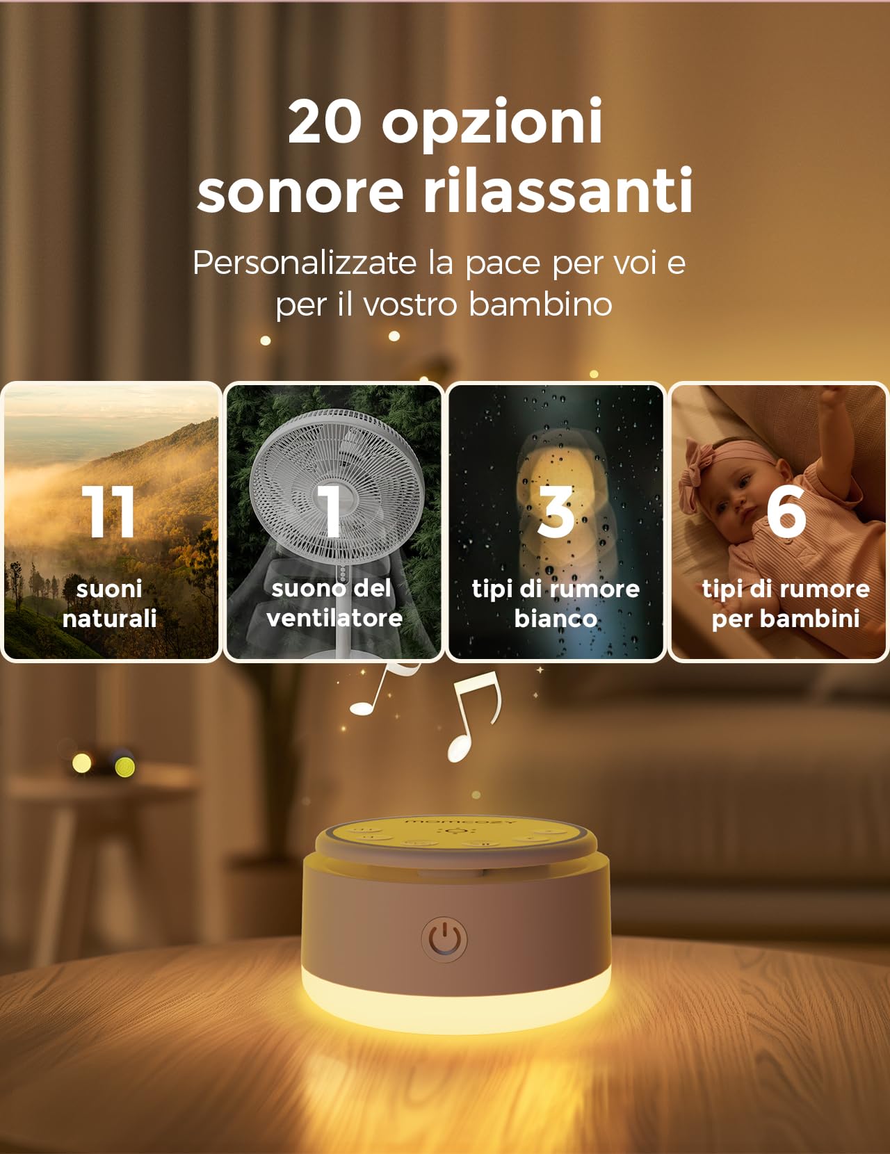 Momcozy Macchina per il rumore per bambini – 20 suoni calmanti e luce tattile, portatile rumore bianco per bambini e adulti, timer per addormentarsi e promemoria | Compagno di viaggio ideale (giallo)
