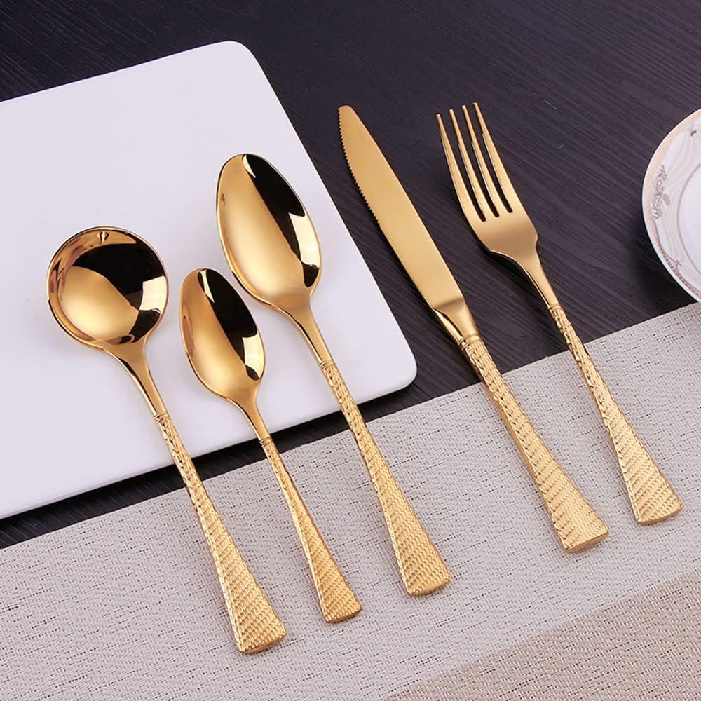 Gold Hammered Silverware Set for 8 Modern Flatware Cutlery Utensils Set 18/10 Stainless Steel 40 Piece Include Knives Forks and Spoons Tableware Set for Home Kitchen Wedding Restaurant