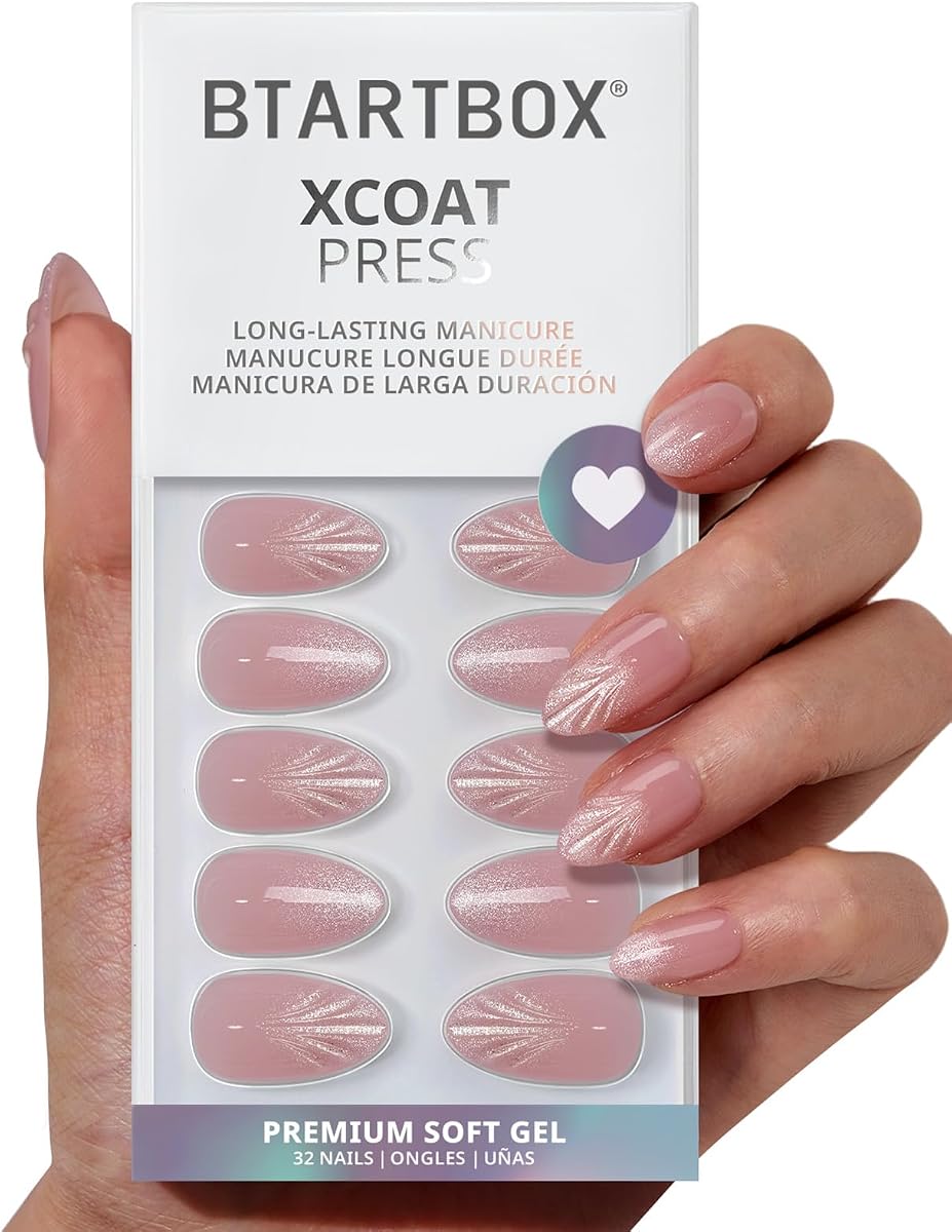 Press On Nails, Shell Luxe, Short Almond, Pink Cat Eye, 32Ct | Lamp-Curable 4-Week Wear, Salon-Quality Natural Nails, 10-Minute Easy Daily Application, 16 Sizes, All-in-One Complete Kit