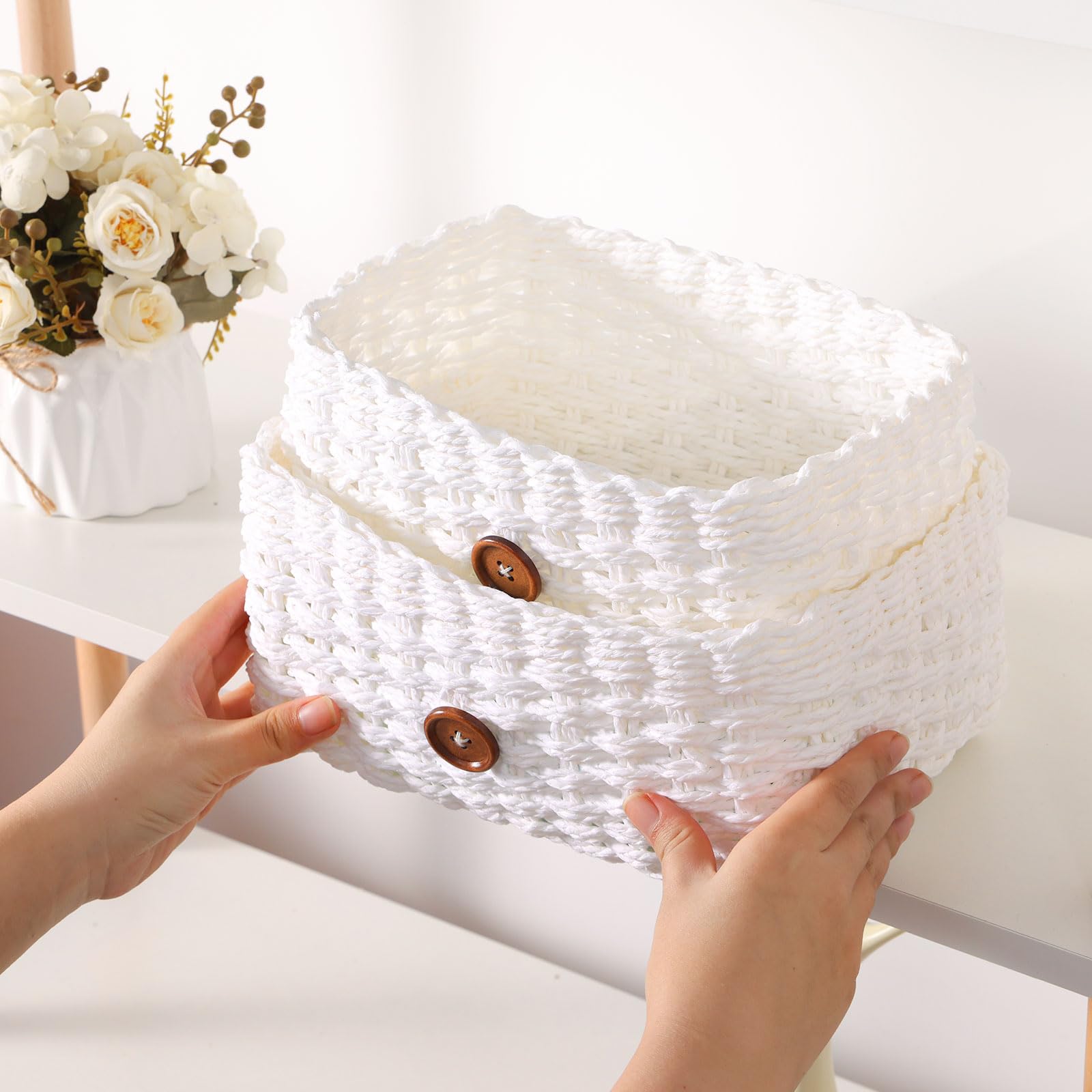 Set 4 Cestini Portaoggetti In Corda Di Carta - Boho, Organizer Per Giochi, Camera, Ufficio