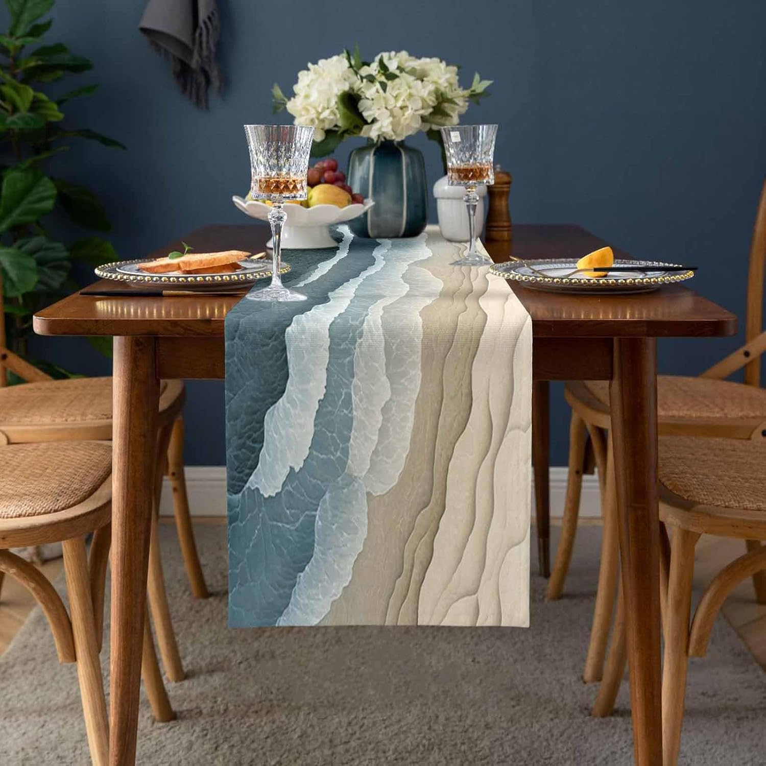 Table Runner Abstract Blue Wave Beach Table Decoration for Kitchen Ocean Modern Art Table Decoration for Indoor Outdoor Home Holiday Party Decor 13x108 inch