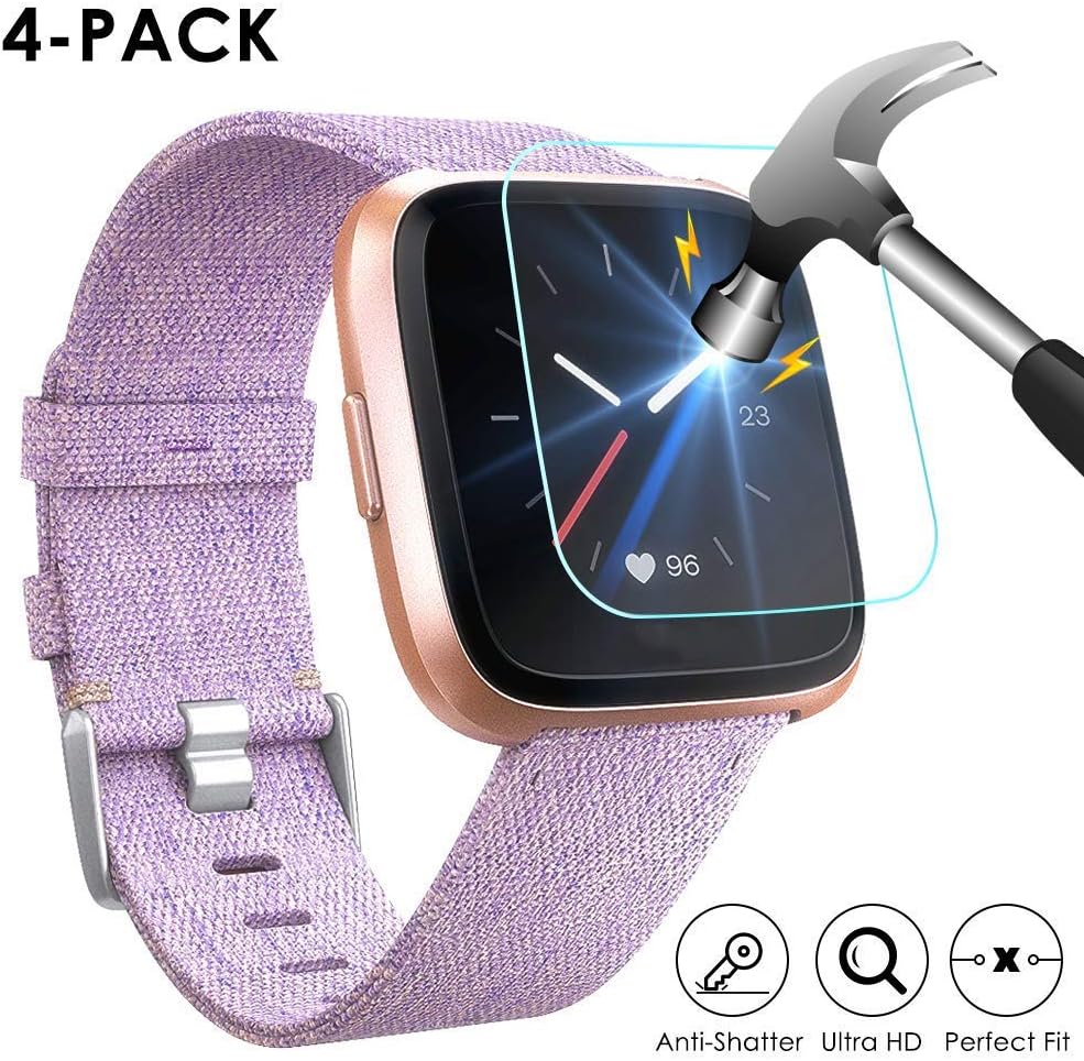 EZCO 4-Pack Screen Protector Compatible with Fitbit Versa & Versa Lite (Not for Versa 2), Waterproof Tempered Glass Screen Protector Cover Saver for Versa Smart Watch Scratch Resist Anti-Bubble