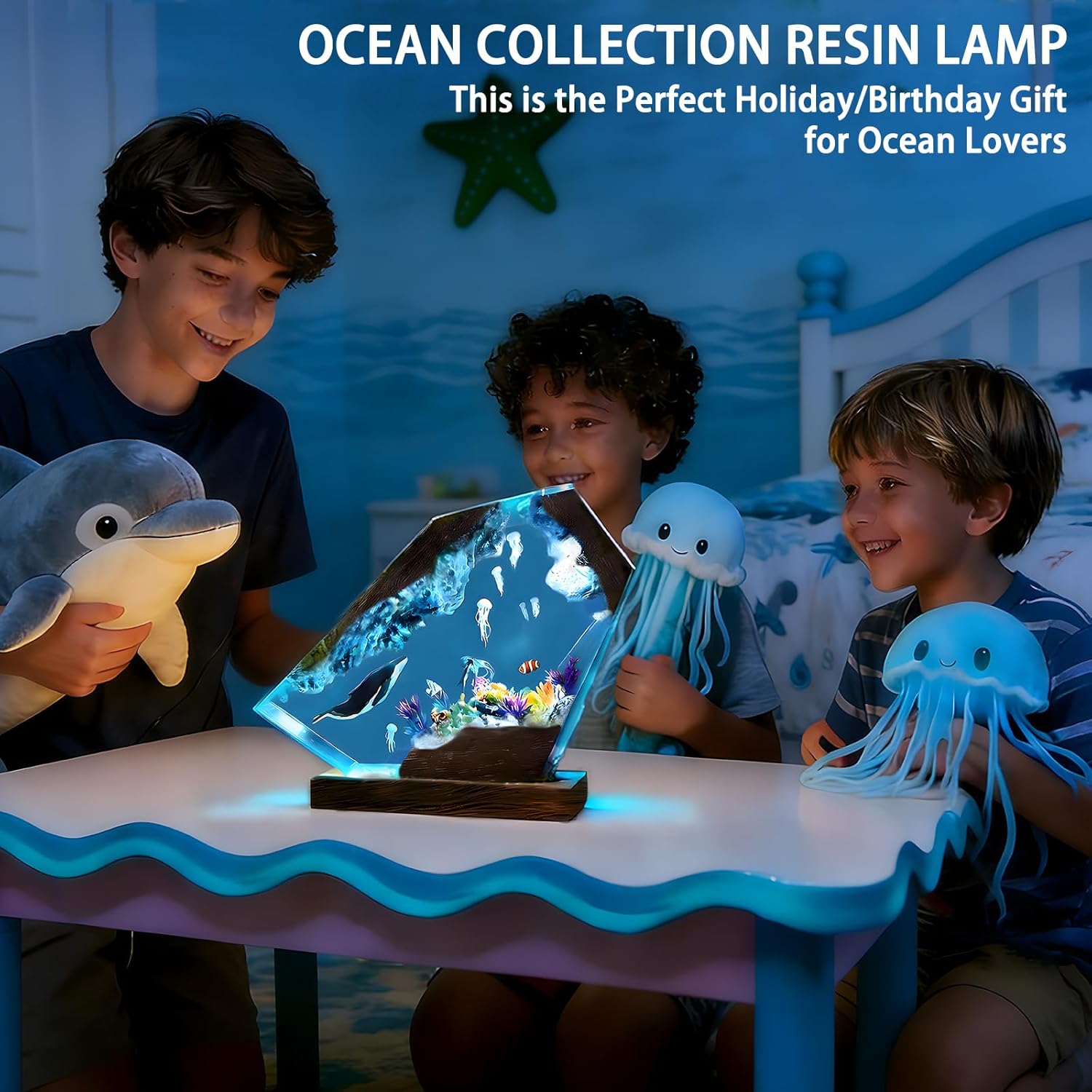 RGB Ocean Resin Lamp, Handmade Marine Life Night Light, with LED Color Control and Remote, Ocean Enthusiast Collectibles, Unique Gifts and Decor(A, 6 * 4in)