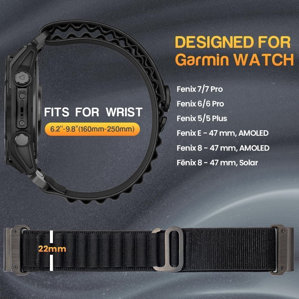 BANSO 22mm Quick Fit Nylon Watch Band for Garmin Fenix 8 47mm,for Fenix 7/7 Pro Fenix 6/6 Pro Fenix 5/5 Plus Watch Strap Garmin forerunner 965 955 945 935 745 Watch Band Approach S62/S60 - Image 5