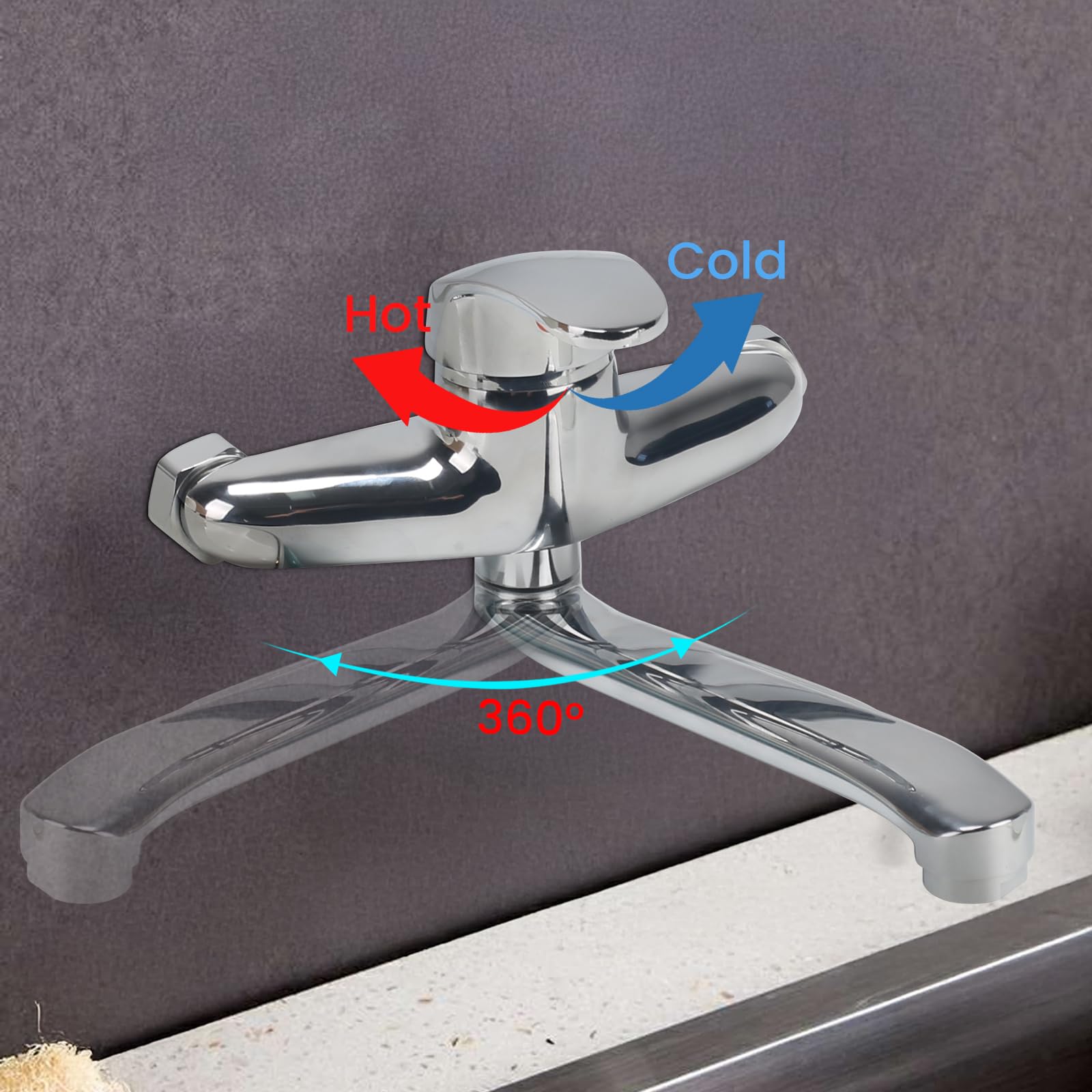 Grifo Cocina Pared Grifos Cocina Fregadero 25CM con Aireador con Cartucho Cerámico Monomando Agua Fría y Caliente Boquilla de Dispensación Orientable a 360° Cromo Plata