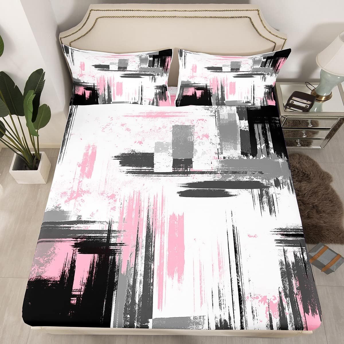 Abstract Bed Sheet Set Kids Modern Abstract Art Fitted Sheet Pink White Black Bedding Set for Boys Room Decor Lightweight Retro Bed Cover Queen Size with 2 Pillow Case