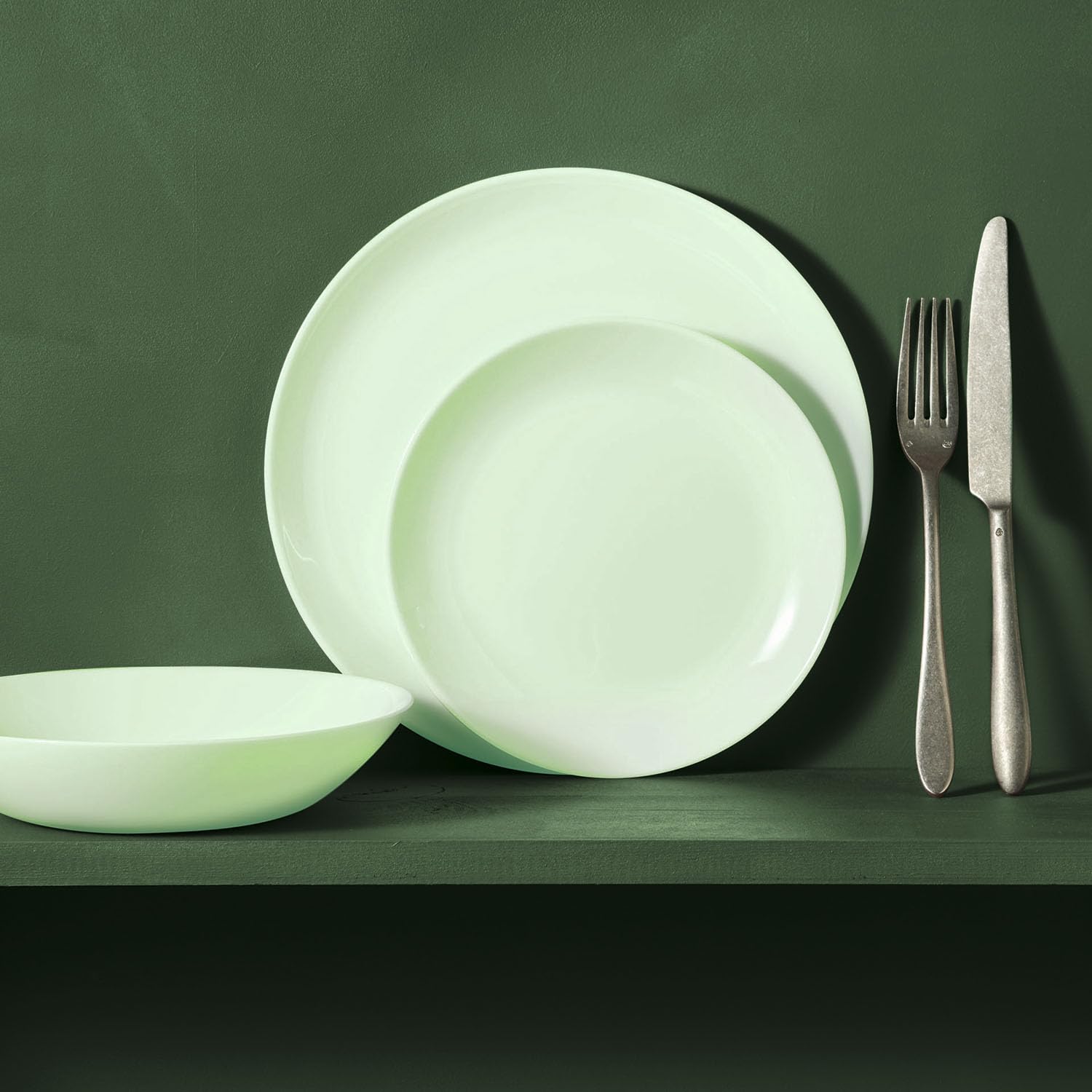 Servizio da tavola in vetro opale verde 12 pezzi, 4 persone