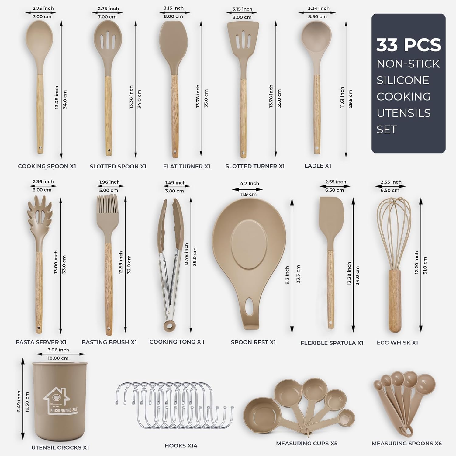 Berry & Cherry Kitchen Utensils Set Silicone 33 PCS – Nonstick Heat Resistant Cooking Tools with Wooden Handles & Holder, Spatula Set (Khaki)