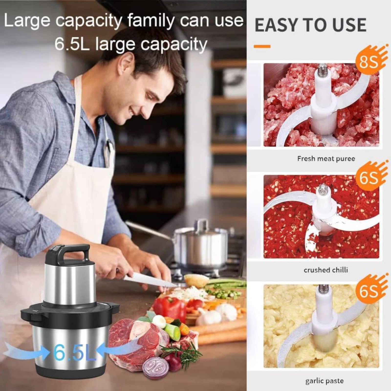 Robot da cucina da 1500 W con ciotola in acciaio inox da 6,5 l, 3 velocità, multifunzione, per tagliare carne, affettare verdure, macinare frutta, 4 lame incluse