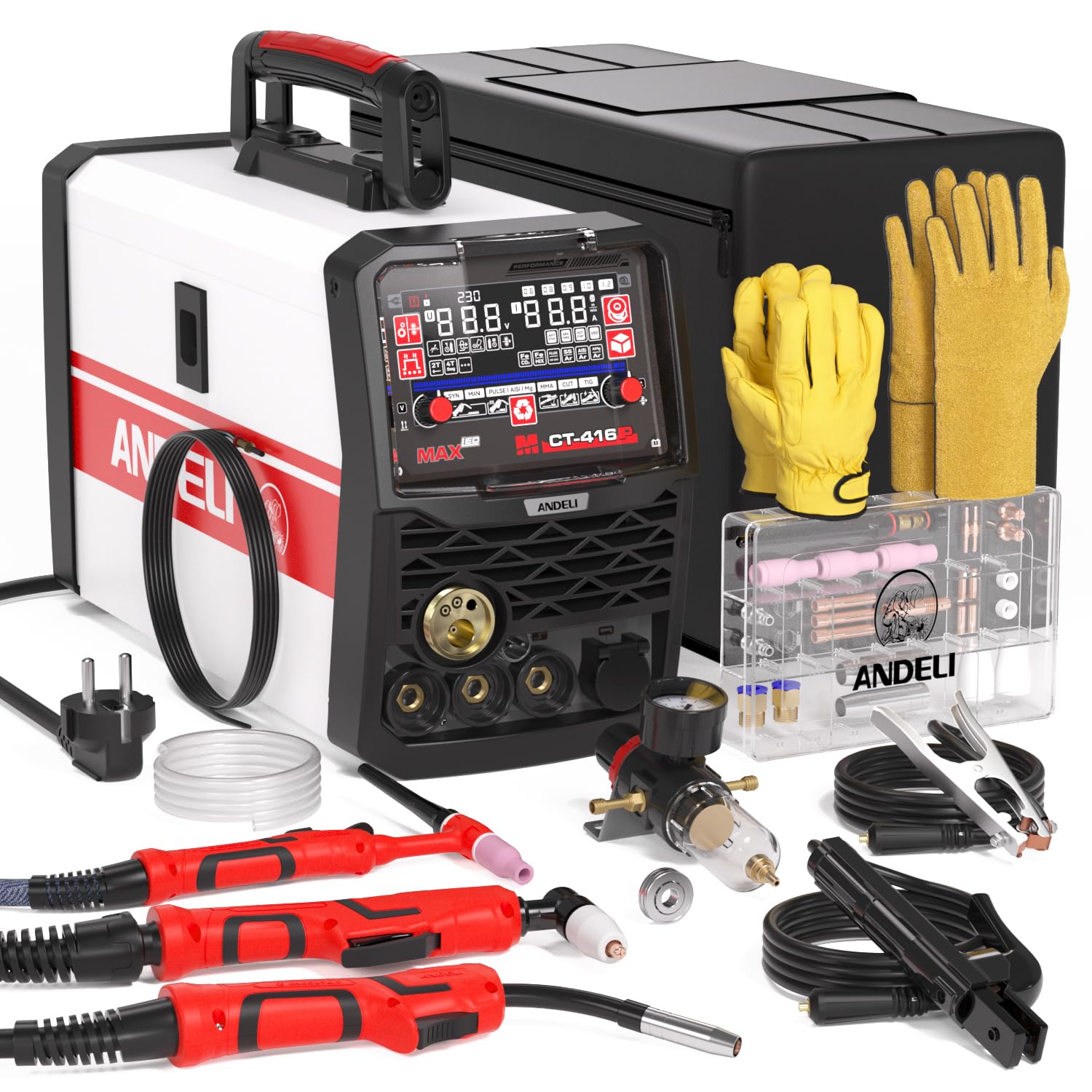 ANDELI Multifunctional Welder 6 in 1 230V 160A – Combined Machinery Aluminium Welder HF TIG/MIG/MMA+Flux Core, Plasma Cutter 40A, Pulsed Arc, IGBT Inverter MCT-416P