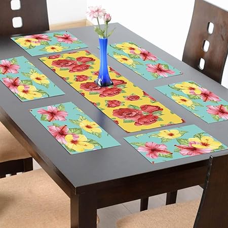 TheYaYaCafe 6 Table Mats and Runner Set for Dining Table (1 Table Runner Canvas Cotton Fabric 12X48 inches, 6 Cotton Table Placemats) Floral Flower Delicate Angelic Red Rose Printed