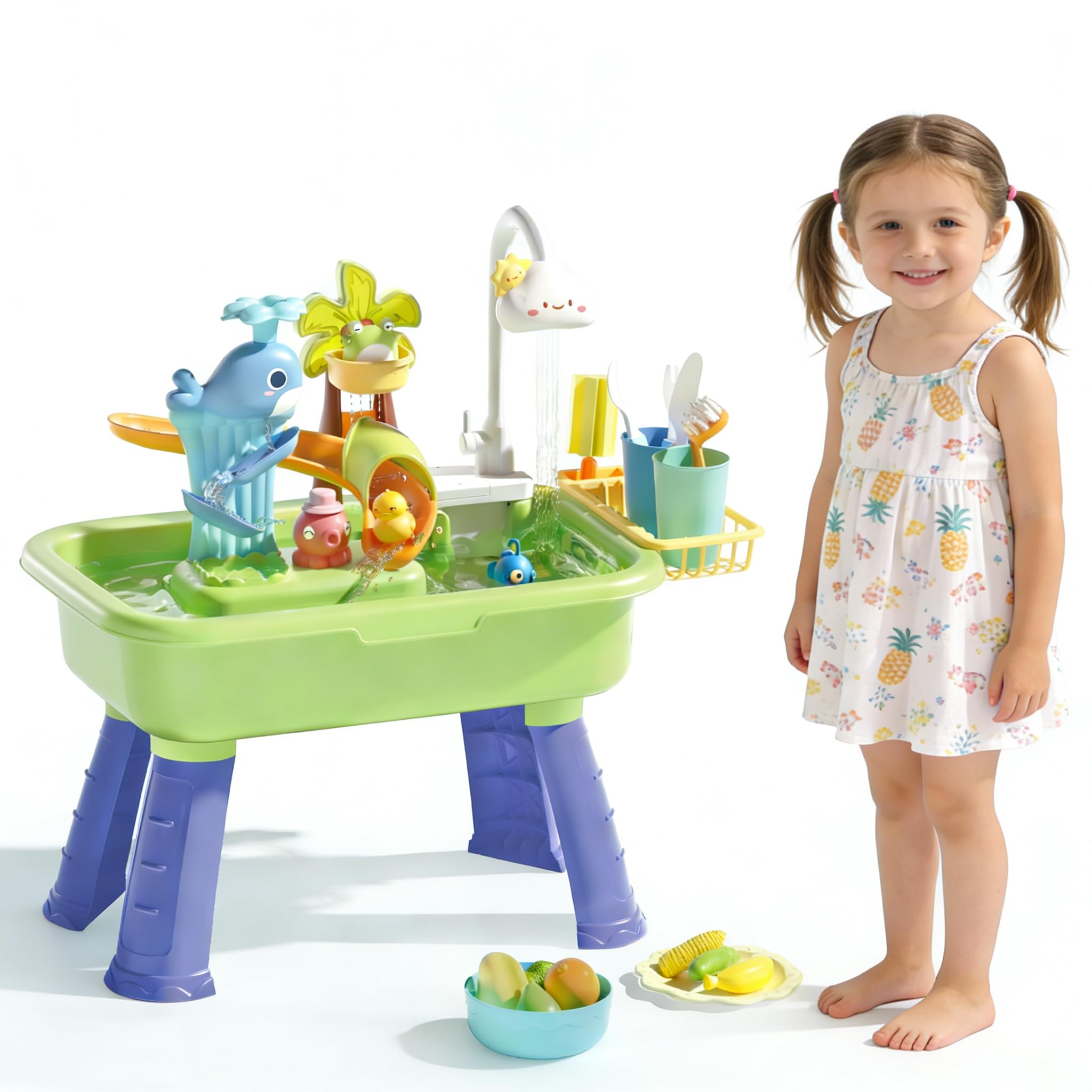 43pcs Water Table for Children Kids Water Play Table for Outdoor Garden Play Sink with Running Water, 180° Faucet