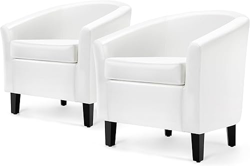 Yaheetech Silla decorativa, sillón de piel sintética, tumbona con acolchado suave y patas de madera para sala de estar, color blanco, juego de 2
