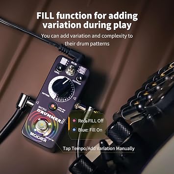 MOOER Micro Drummer II Guitar Drummer Pedal Drum Machine Effect with FILL Function, 48 Drum Grooves, and 6 Music Style Per 8 Different Rythem, With EQ, Tap Tempo for Electric Guitar