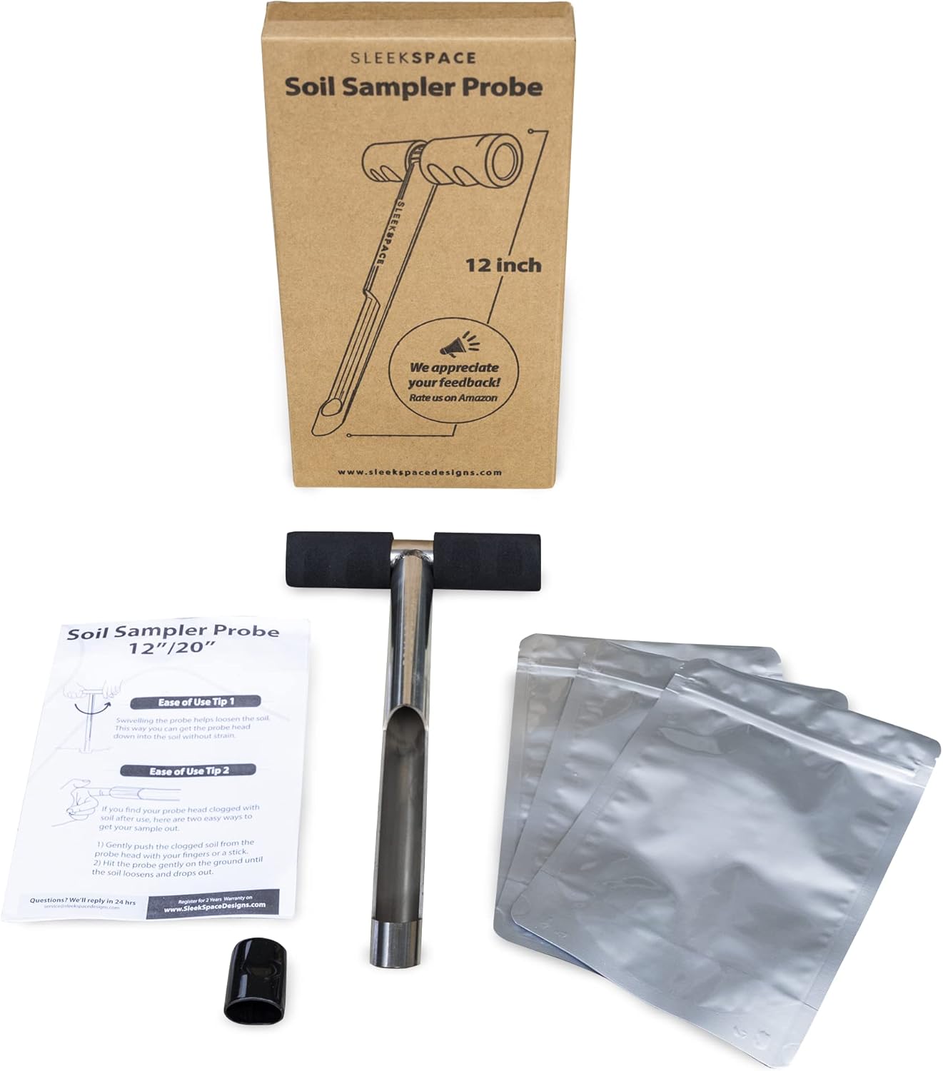 Soil Probe with Small Soil Sampler Bags. 12" Soil Sample Probe Rod. Patent Pending Ground Probe Design for Tidy Strata in Soil Test Sampling.