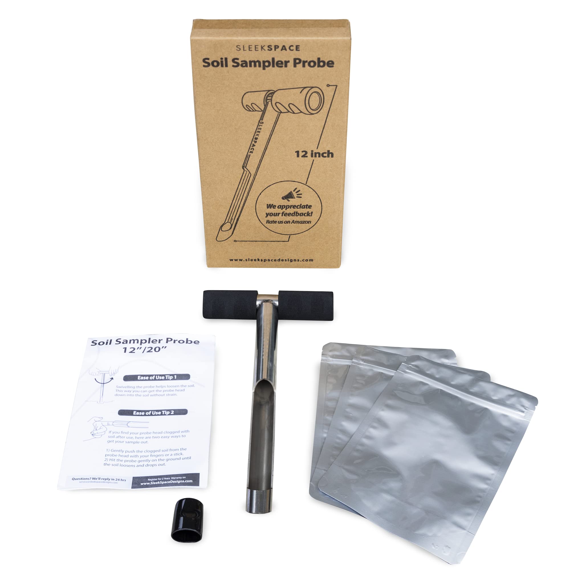 Sonde de sol Sleek Space avec petits sacs d'échantillonnage du sol. Tige de sonde d'échantillon de sol de 12". Sonde de sol en attente de brevet pour l'échantillonnage des tests de strates propres